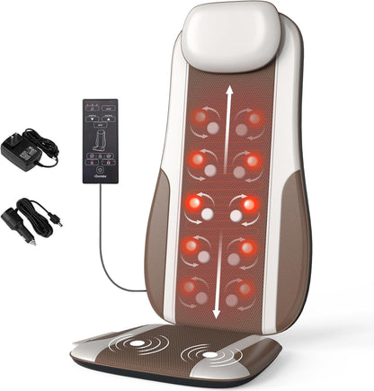 comrelax Shiatsu Back Massager with Heat, Massage Chair Pad Seat Cushion for Stress Relief, Deep Tissue Kneading & Roller, 2 Vibration Motors, Back Waist Hip Massager, PU Leather, with 2 Adapters
