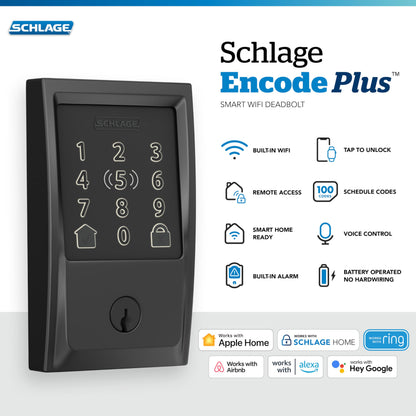 Schlage Encode Plus Smart Wi-Fi Lock for Front Door, Keyless Entry Deadbolt, Unlock with Apple Watch, Built-in WiFi and App Control, Easy Install, Alexa & Apple HomeKit Compatible, Matte Black