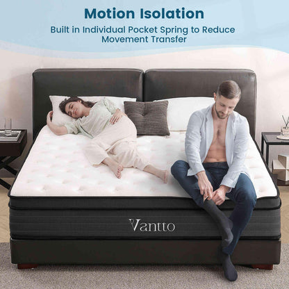 Vantto Queen Size Mattress, 12 Inch Individual Pocket Springs Hybrid Memory Foam Mattress in a Box for Pressure Relief, Motion Isolation, CertiPUR-US