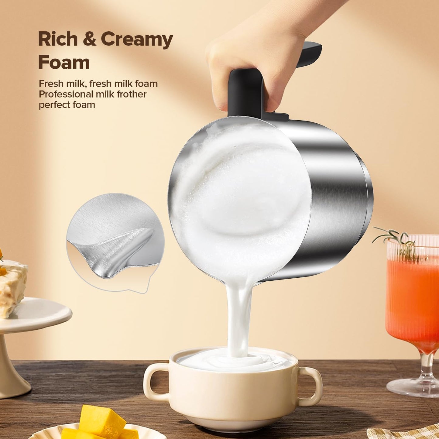 Milk Frother and Steamer,Warm and Cold Foam Frother with 4 in 1 Function, 304 Stainless Steel Jug, 17.6oz/500ml and BPA Free