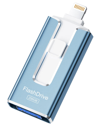 MFi Certified 256GB Flash Drive for iPhone iPad, Photo Stick for External Memory Storage, Easily Back Up and Save Photos Videos, USB Memory Stick Thumb Drive for iPhone/iPad/Android/PC (Blue, 256GB)