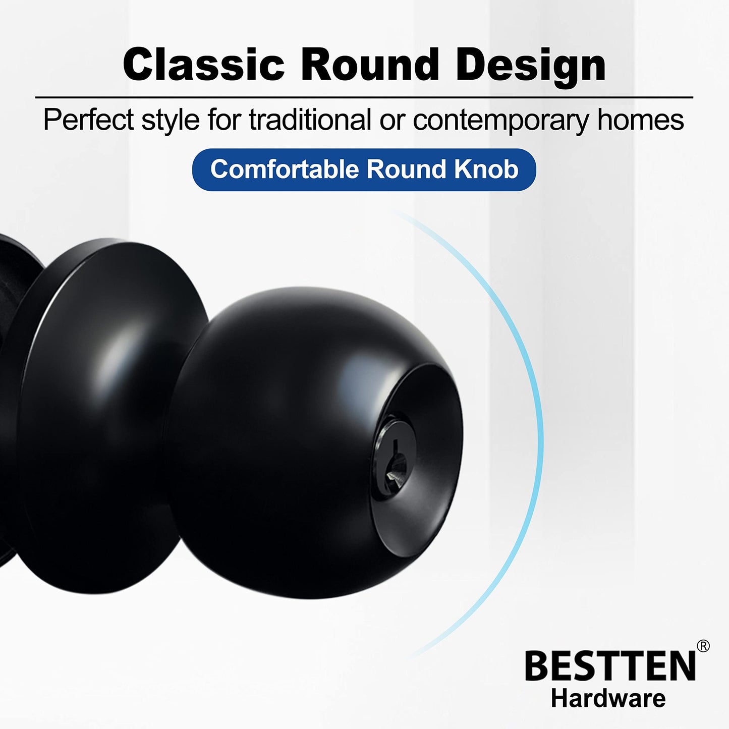 BESTTEN Keyed Entry Door Knob, Entrance Door Lock, Standard Ball, All Metal, Matte Black