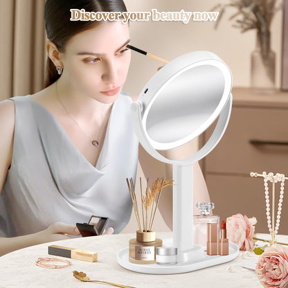 MOMOKUBA Makeup Mirror with Lights, Double Sided 1x/20x Magnifying Mirror with Light, Rechargeable 3 Color Lights and Adjustable Brightness, 360° Rotation Detachable Comes with Tweezer(White)