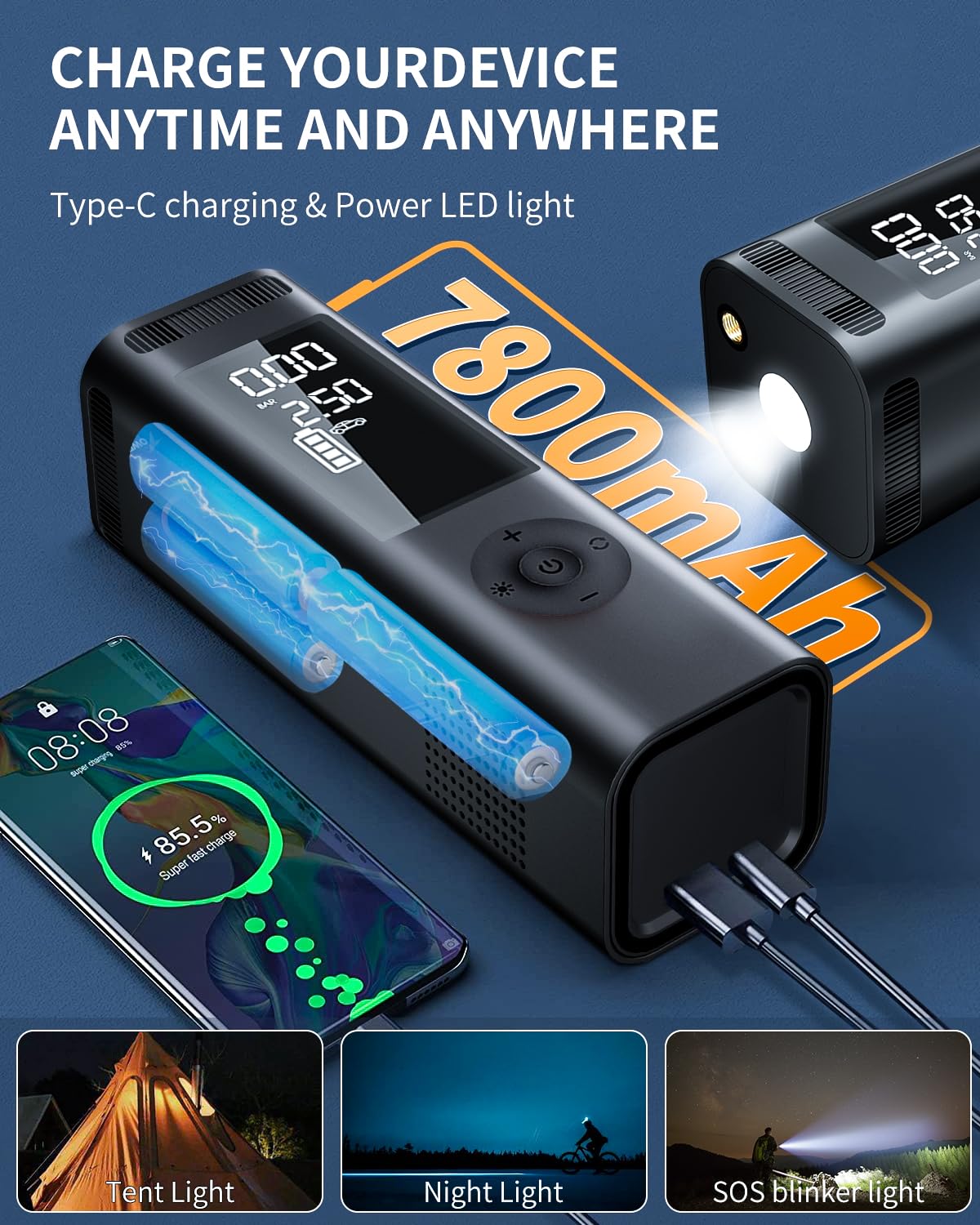 Tire Inflator Portable Air Compressor - 150PSI 4x Faster Portable Tire Inflator for Car - Air Pump For Car Tires with Digital Pressure - Auto Shut-off Smart Air Pump Suitable SUV, Bike Moto and More