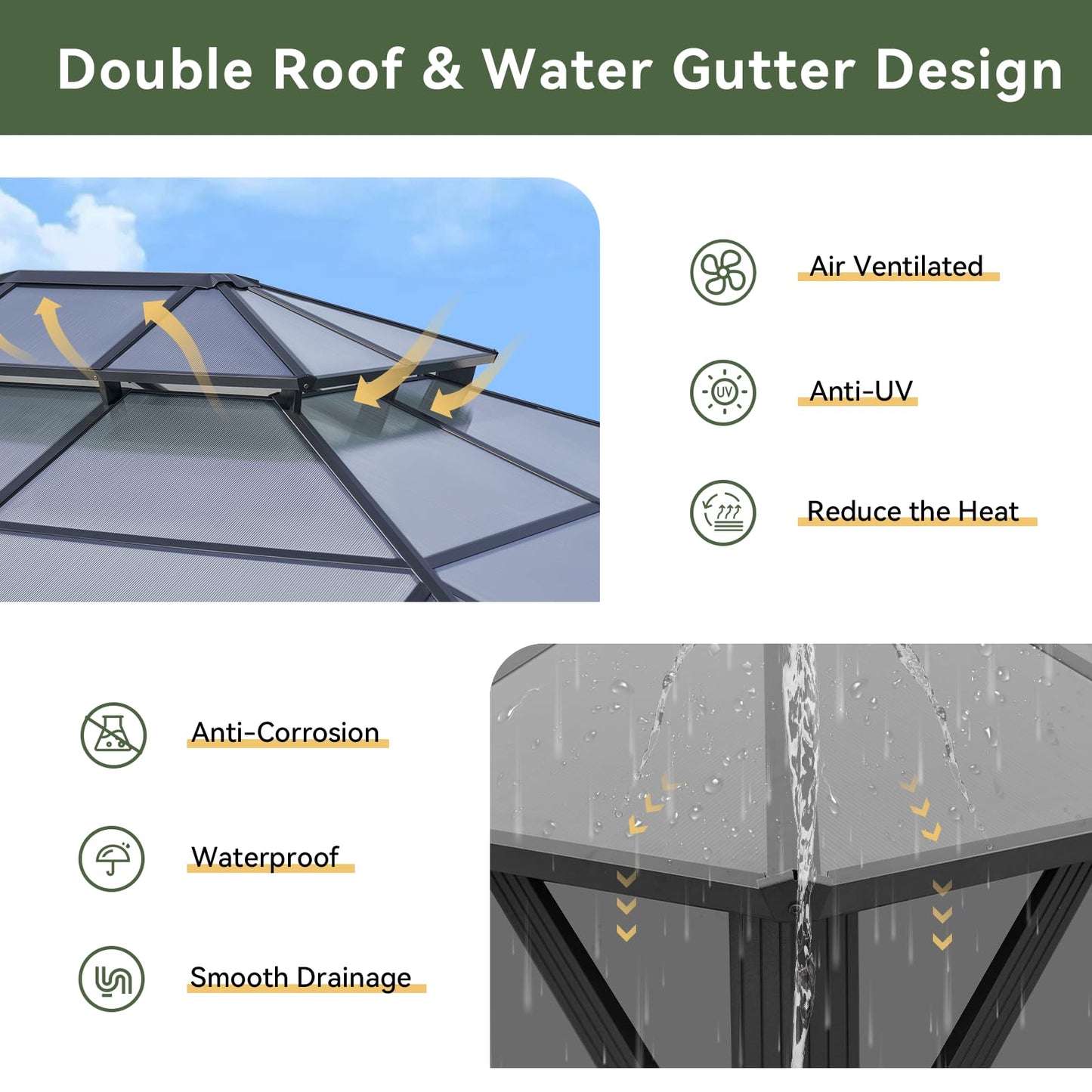 Aoxun 12'x14' Hardtop Gazebo, Aluminum Frame Permanent Pavilion with Curtains and Netting, Outdoor Polycarbonate Double Roof Canopy, Designed for Garden, Lawns, Patio, Gray