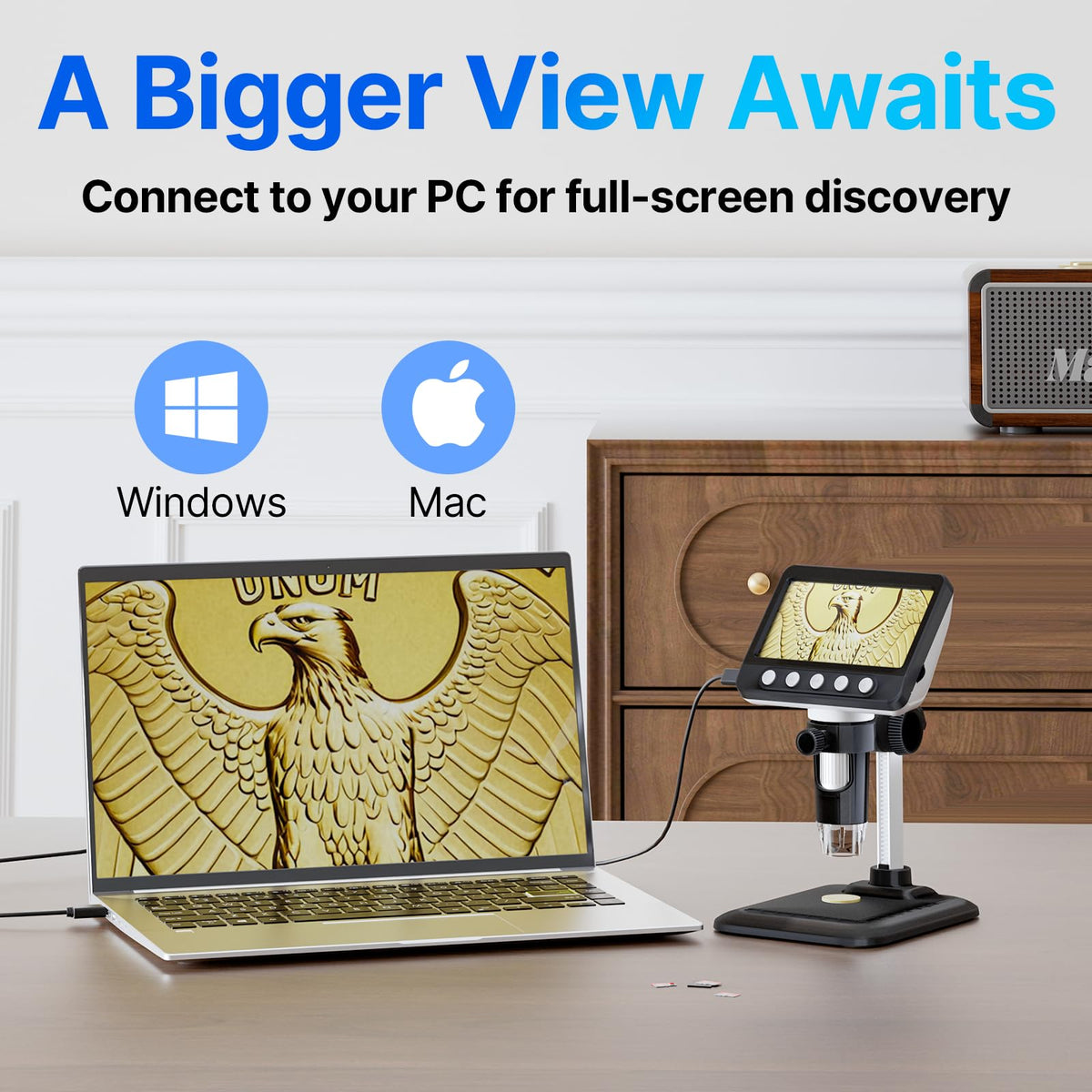 WKR Coin Microscope, 4.3" LCD USB Digital 1000X Coin Magnifier with 8 Adjustable LED Lights, 1080P PC View Compatible with Windows/MacBook for Adults Kids