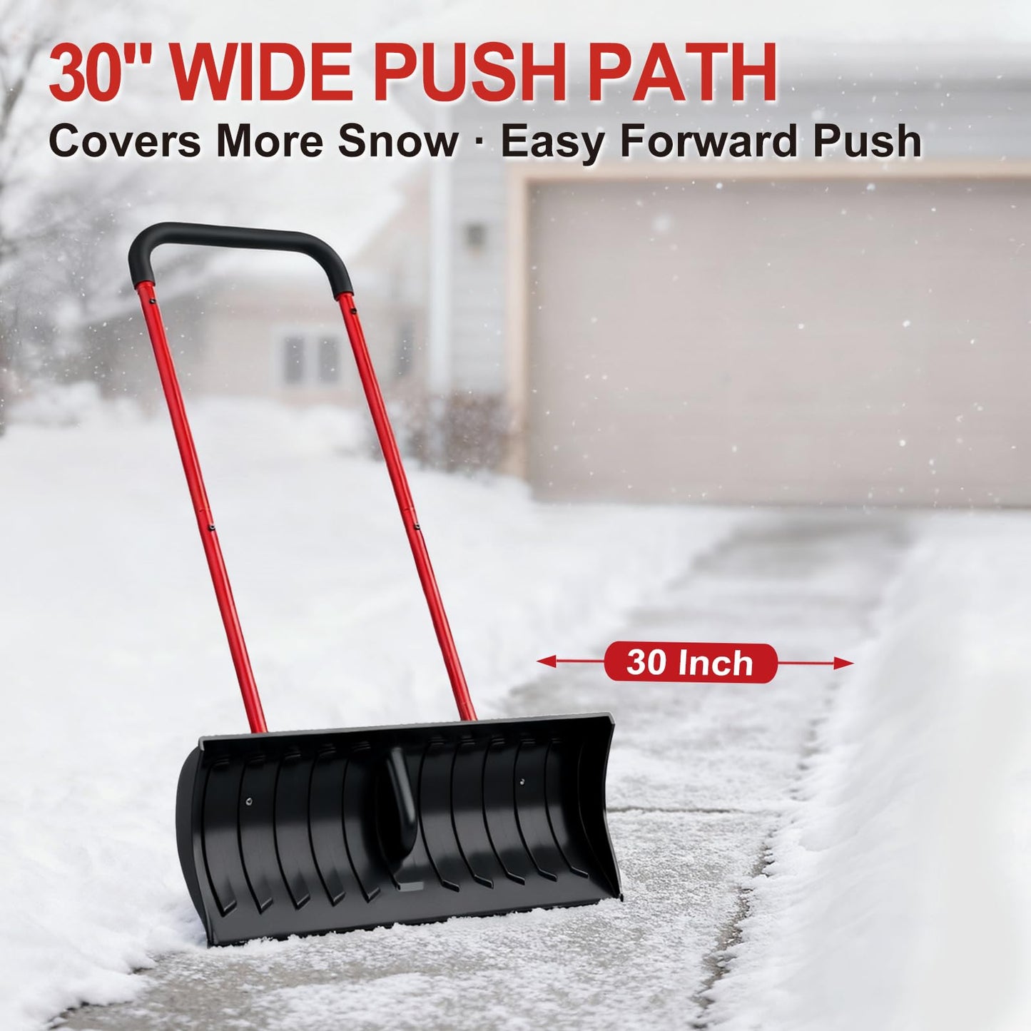 30” Snow Shovel, Heavy-Duty Snow Pusher & Snow Plow, Ergonomic Handle, Lightweight Wide Blade for Fast Snow Removal, Back Saver Winter Tool for Driveway, Sidewalk, Patio, Deck