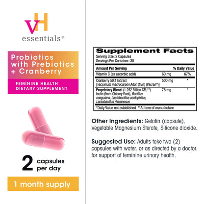 vH Essentials Probiotics for Women with Prebiotics, Cranberry & Vitamin C - 60 Capsules (30 Day Supply) - Women's Probiotics Support Gut Balance, Feminine Health & Urinary Tract Health for Women