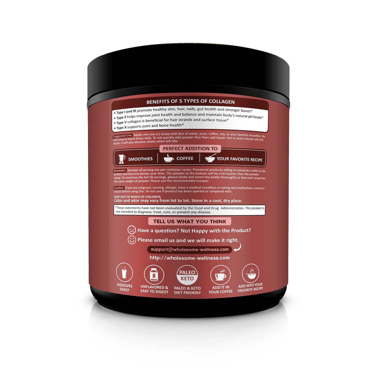 Wholesome Wellness Multi Collagen Protein Powder Hydrolyzed (Type I II III V X) Grass-Fed All-in-One Super Bone Broth + Peptides - Premium Blend of Beef, Chicken, Wild Fish, Eggshell, 58 Servings