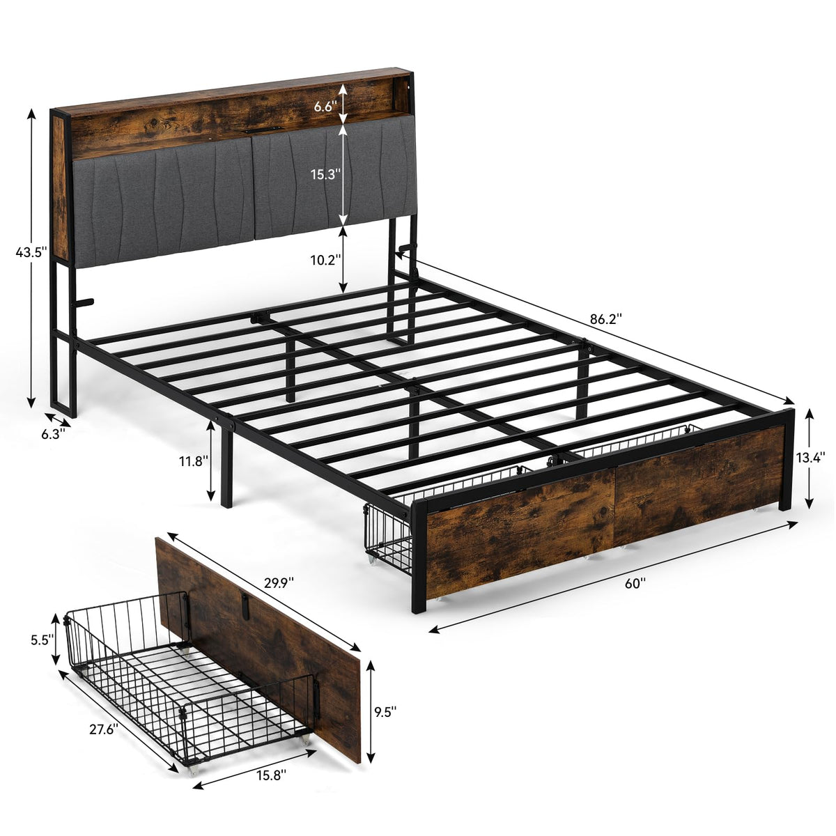 COMHOMA Queen Size Platform Bed Frame with LED Lights and Charging Station, Storage Headboard and Footboard Drawers, No Box Spring Needed, Rustic Wood Look