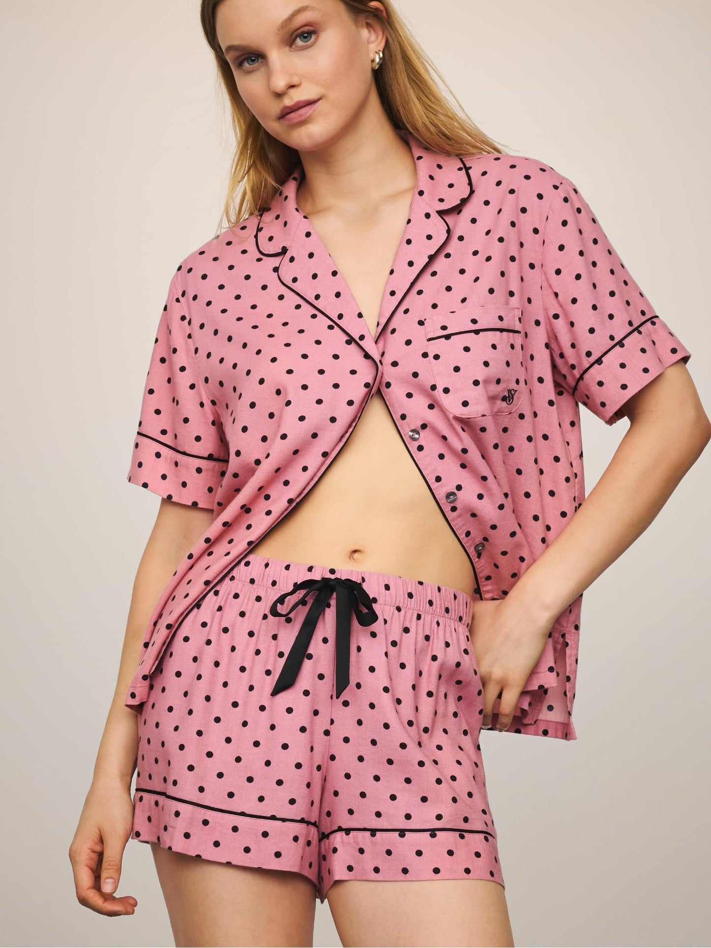 Victoria's Secret Flannel Pajama Set, Short Sleeve Shirt and Shorts, Pajamas for Women, Black Dot, S