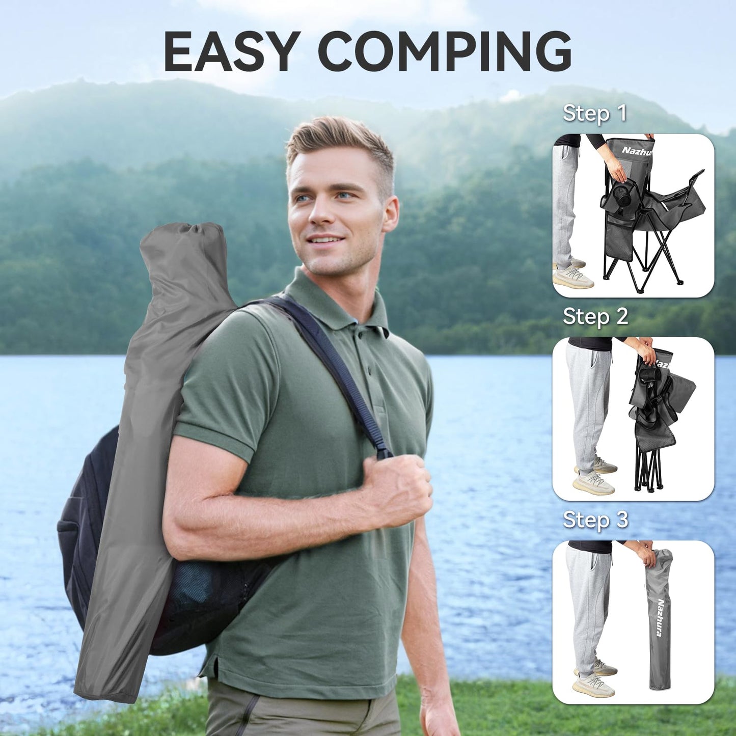 Nazhura 2 Pack Outdoor Camping Chairs Folding/Foldable/Portable with Cooler Pouch, Mesh Backrest and Cup Holder Pocket(Grey, 2 Pack)