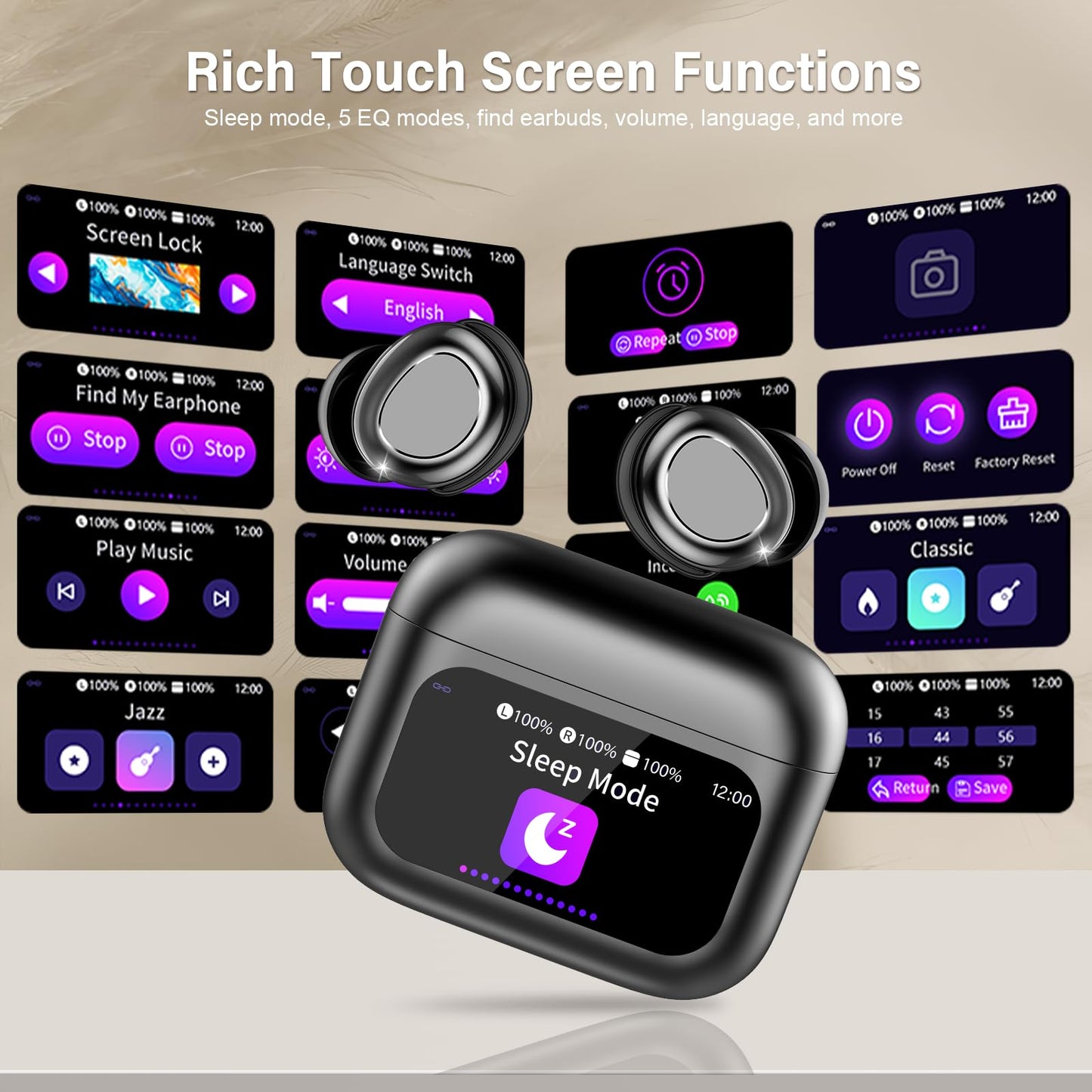 ZYHKON Sleep Earbuds Bluetooth 5.4 in Ear Touch Screen Sleep Headphones, Small Design Mini Sleep Earbuds for Side Sleepers with Sleep Mode, 48H Playtime Sleep Earphones Clear Calls, 5 EQ Modes, Black