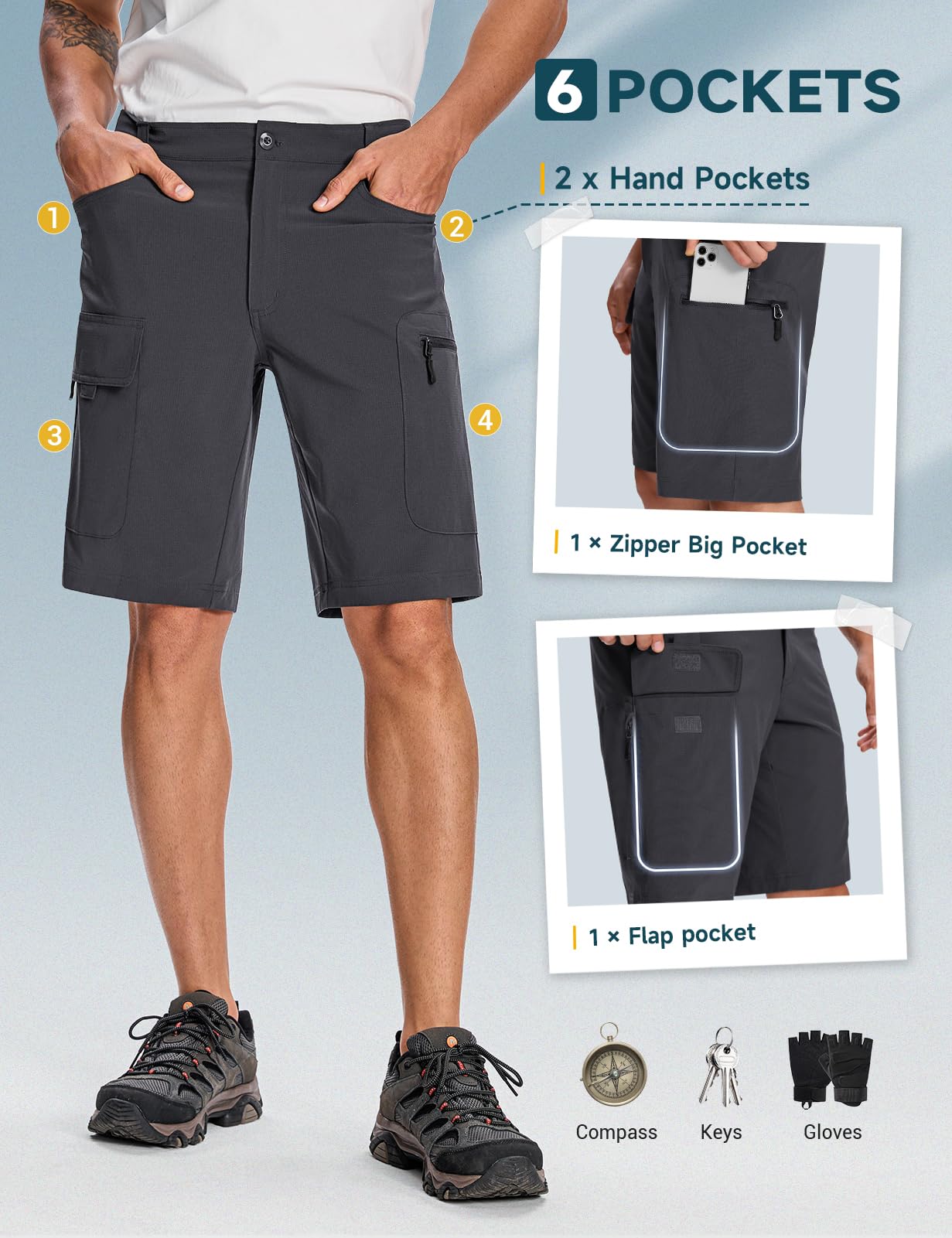 Moosehill Mens Cargo Hiking Shorts Lightweight Water Resistant for Casual Golf Work Tactical Fishing with 6 Pockets(Dark Grey, 36)