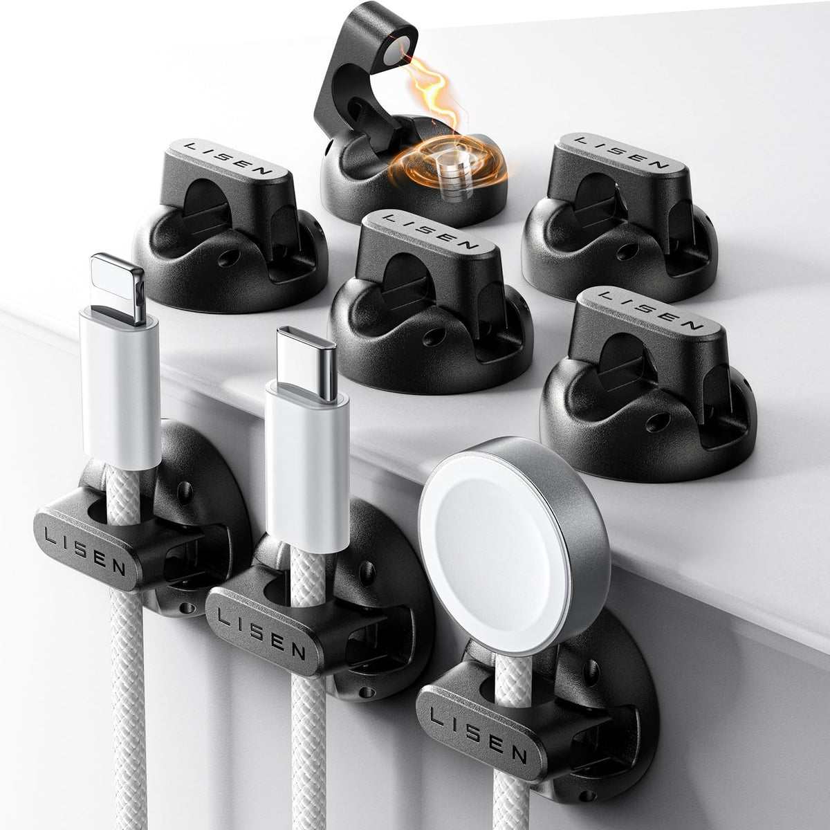 8-Pack Magnetic Cable Clips [1S Snap-On] Cord Holder, LISEN Office Desk Organizers and Accessories with 4 Extra Strong Adhesive Pads, Wire Organizer for Nightstand, Home, Wall, Car, Desktop