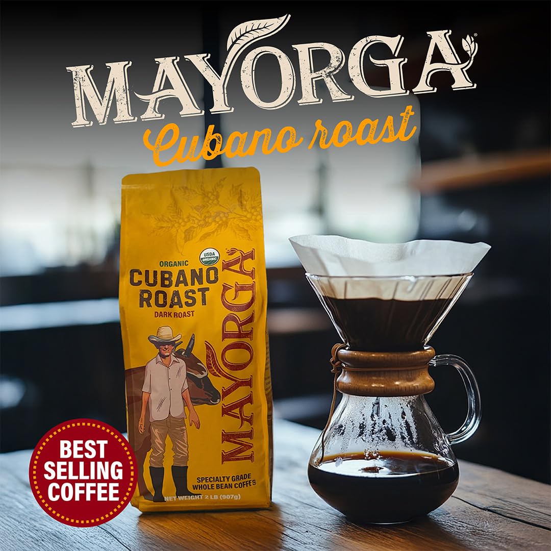Mayorga Organic Coffee 2lb Cafe Cubano Roast - Dark Roast Whole Bean Specialty Grade Coffee, 100% Arabica, Slow Roasted, Bold and Smooth Flavor with Low Acidity - USDA Organic, Non-GMO, Kosher