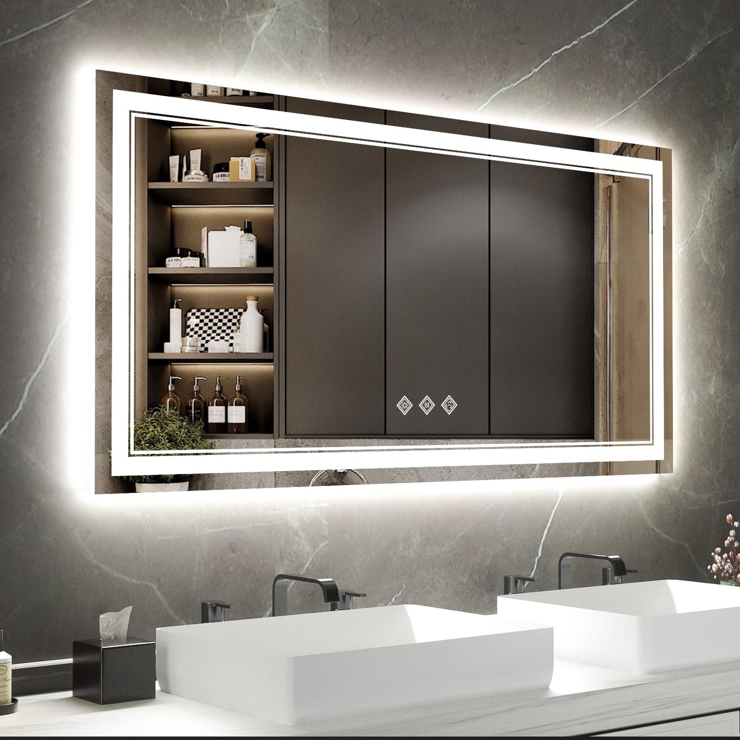 VanPokins Backlit Bathroom Mirror, 55x30 Inch Gradient Front and Backlit Mirror, 3 Colors Dimmable CRI>90 Double Lights, IP54 Enhanced Anti-Fog, Hanging Plates Wall Mount LED Bathroom Mirror