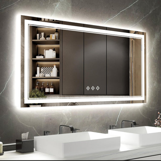 VanPokins Backlit Bathroom Mirror, 55x30 Inch Gradient Front and Backlit Mirror, 3 Colors Dimmable CRI>90 Double Lights, IP54 Enhanced Anti-Fog, Hanging Plates Wall Mount LED Bathroom Mirror