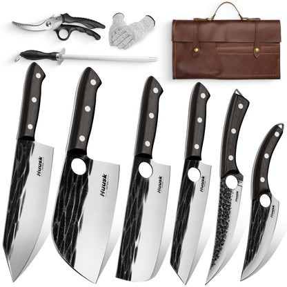 Huusk Knives Set, Serbian Chef Knife Set with Bag, Japanese Kitchen Knives Set, Hand Forged High Carbon Steel Knife Set, Full Tang Knives with Ebony Handle, Butcher Knife Set for Dad, Gif for Men