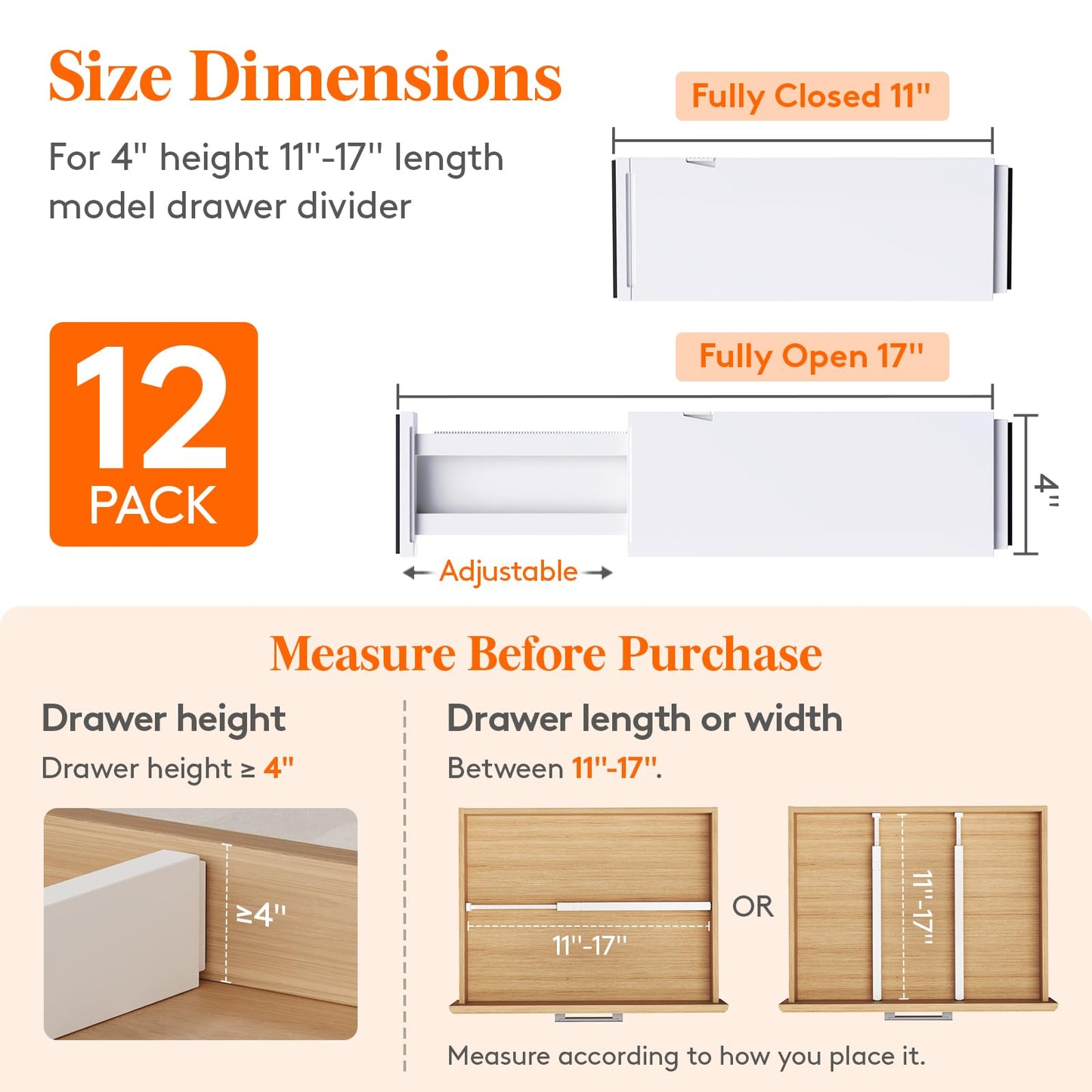 Lifewit 12 Pack Drawer Dividers 4" High,11-17" Adjustable Dresser Drawer Organizers for Clothes, Expandable Dresser Separators in Bedroom/Bathroom/Kitchen/Vanity/Office Organization and Storage, White