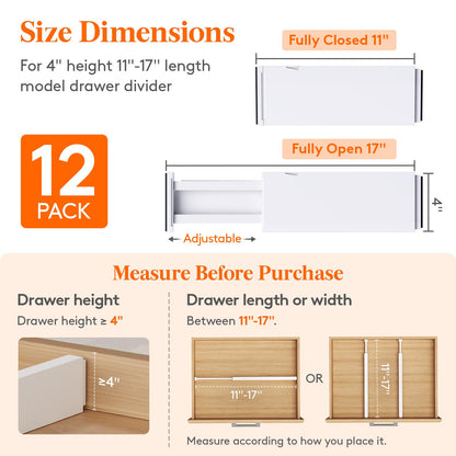 Lifewit 12 Pack Drawer Dividers 4" High,11-17" Adjustable Dresser Drawer Organizers for Clothes, Expandable Dresser Separators in Bedroom/Bathroom/Kitchen/Vanity/Office Organization and Storage, White