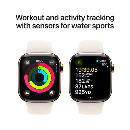 Apple Watch Series 10 [GPS + Cellular 42mm case] Smartwatch with Gold Titanium Case with Starlight Sport Band - S/M. Fitness Tracker, ECG App, Always-On Retina Display, Water Resistant