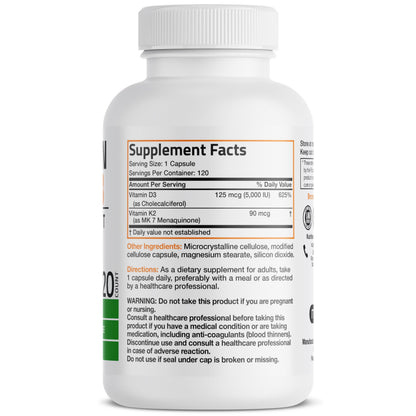 Bronson Vitamin K2 (MK7) with D3 Supplement Non-GMO Formula 5000 IU Vitamin D3 & 90 mcg K2 MK-7 Easy to Swallow D & K Complex, 120 Capsules