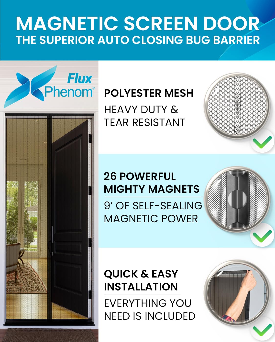 The Original Flux Phenom Magnetic Screen Door 38"x82" – Easy Install, Strong Magnet Strength, Self-Sealing Mesh, Pet Tested, Hands-Free Entry, Door Screen Magnetic Closure, Keeps Bugs Out