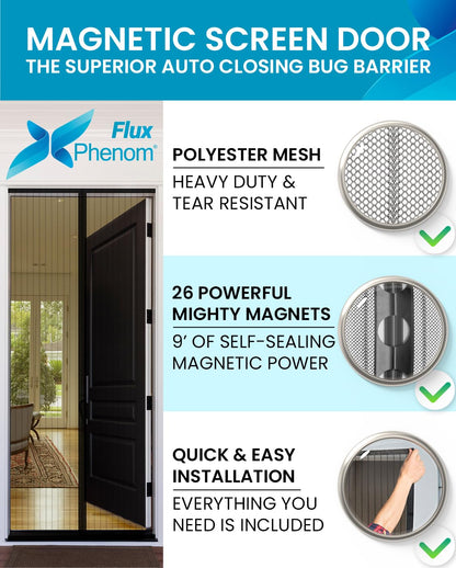 The Original Flux Phenom Magnetic Screen Door 38"x82" – Easy Install, Strong Magnet Strength, Self-Sealing Mesh, Pet Tested, Hands-Free Entry, Door Screen Magnetic Closure, Keeps Bugs Out