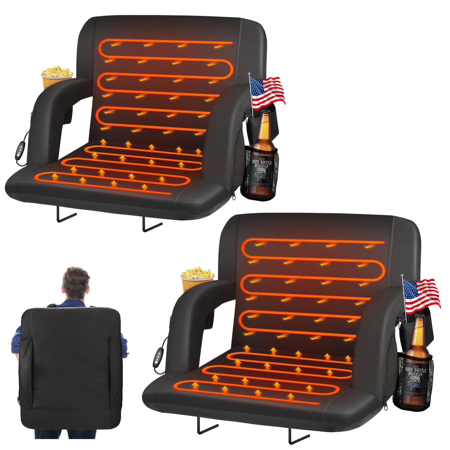 HOPERAN 2pcs Double Heated Stadium Seats for Bleachers with Back Support 25" Wide Cushion, Extra Portable Bleacher Seat Foldable Stadium Chair, USB 3 Levels of Heat, 5 Pockets for Outdoor Games Sports