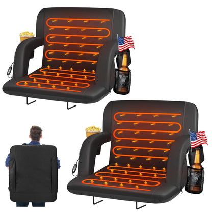 HOPERAN 2pcs Double Heated Stadium Seats for Bleachers with Back Support 25" Wide Cushion, Extra Portable Bleacher Seat Foldable Stadium Chair, USB 3 Levels of Heat, 5 Pockets for Outdoor Games Sports