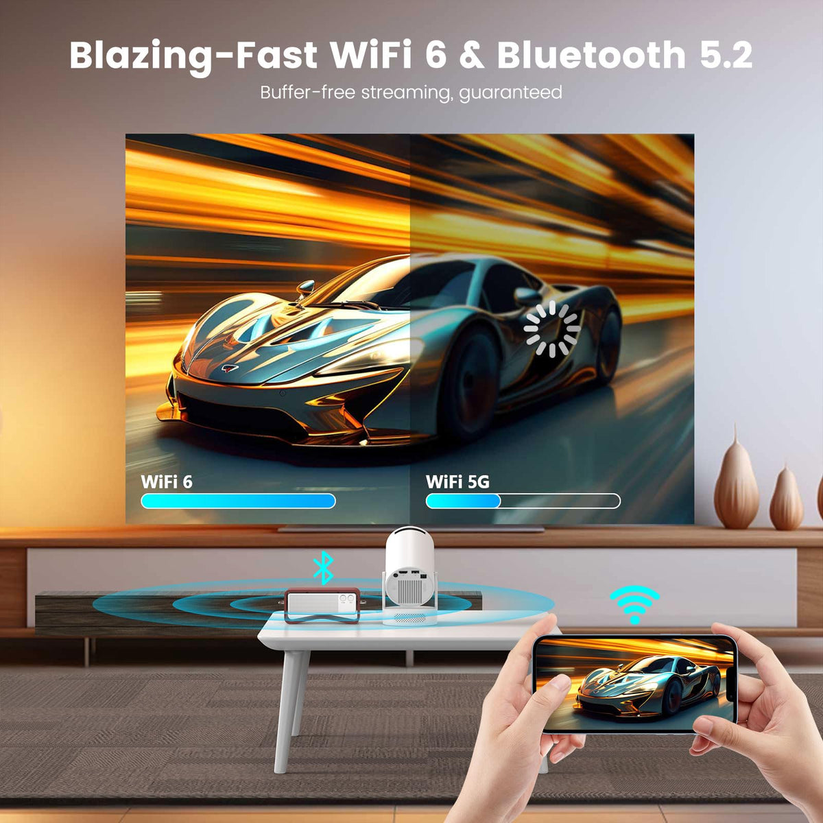 Mini Portable Projector with 4K Support, Bluetooth 5.4 WIFI6, 5watt Sound Base Speaker, 160 ANSI, Android 11, 210° Rotation , Auto Keystone Correction Video Projector HY300 Pro+