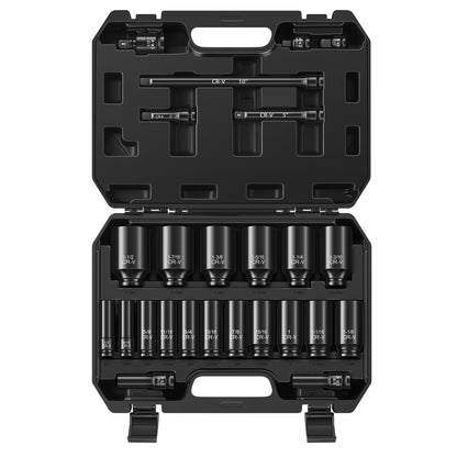 Reniteco 25-Piece 1/2" Drive Socket Set, SAE (3/8"- 1-1/2"), Deep Sockets, Extension Bars, 1/2" F to 3/8" M Reducer,3/8" F to 1/2" M Reducer, Universal Joint, 6 Point Design, Cr-V