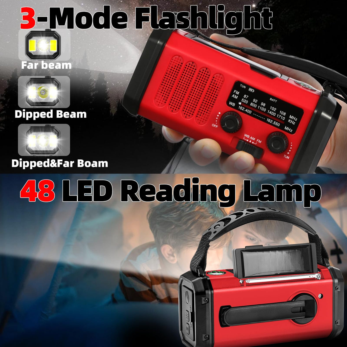 QAUYYW Emergency Weather Radio,37000mWh Portable NOAA/AM/FM Crank Radio, Reading Light, Solar Radio, SOS Emergency Flashlight, Multiple Power Sources,for Hurricanes and Emergencies