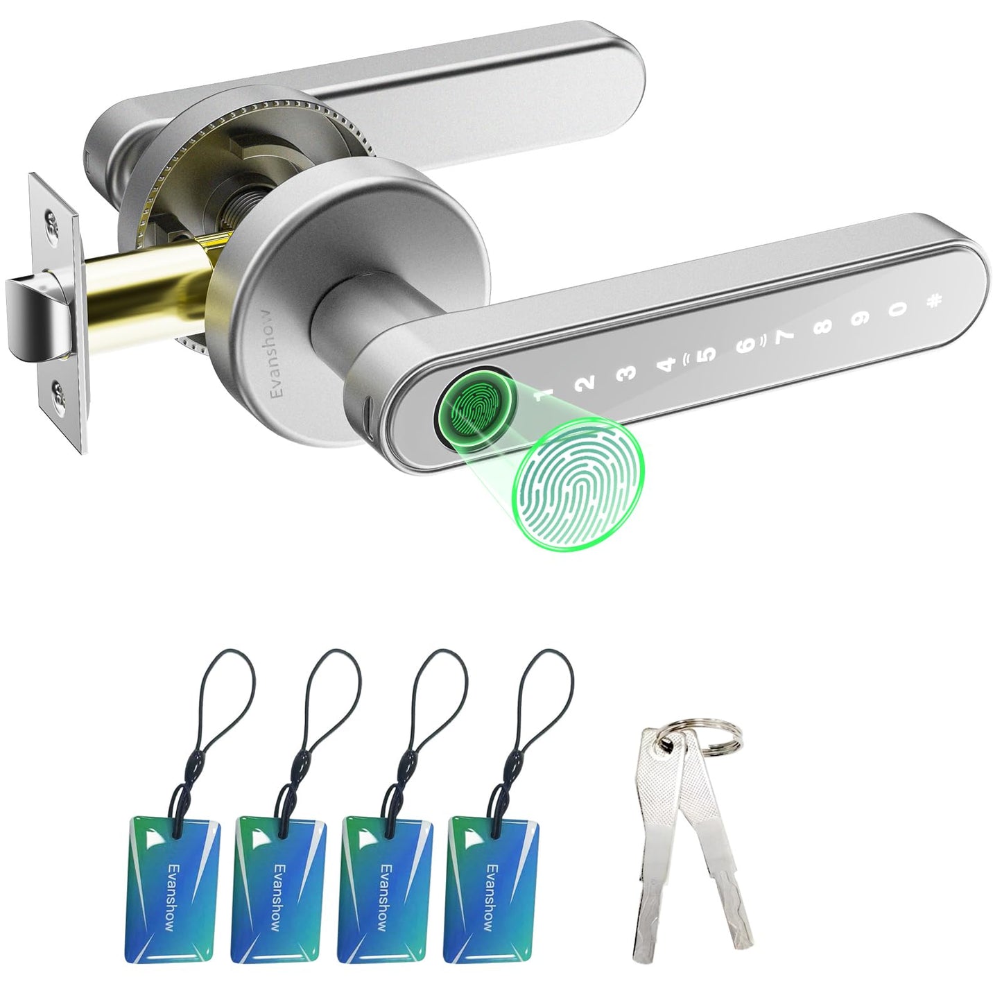 Evanshow Fingerprint Door Lock Biometric Door Knob with Keypad Keyless Entry, Door Locks for Bedrooms, Home Hotel Office Apartment Silver