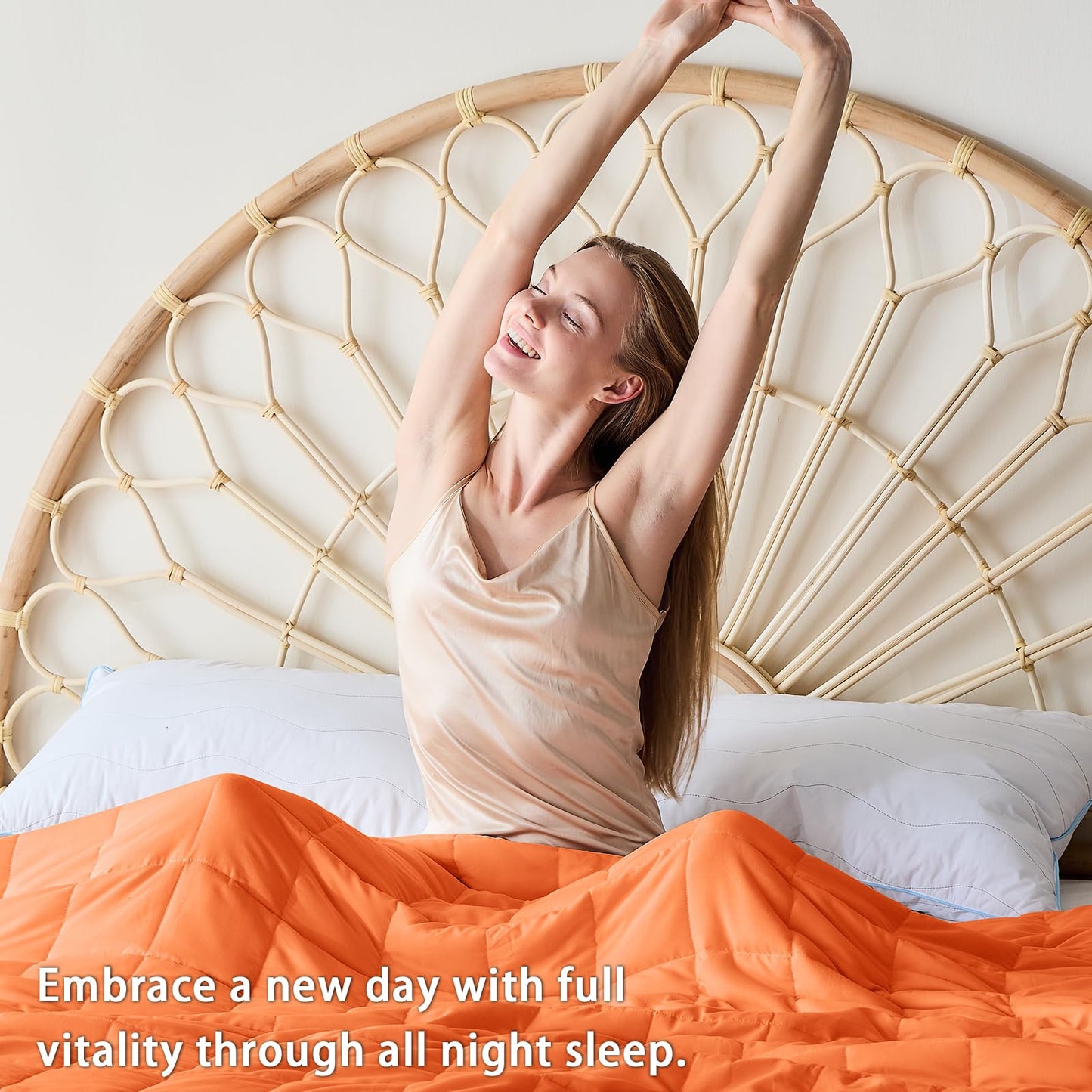 yescool Weighted Blanket for Adults (15 lbs, 60" x 80", Orange) Cooling Heavy Blanket for Sleeping Perfect for 140-160 lbs, Queen Size Breathable Blanket with Premium Glass Bead, Machine Washable