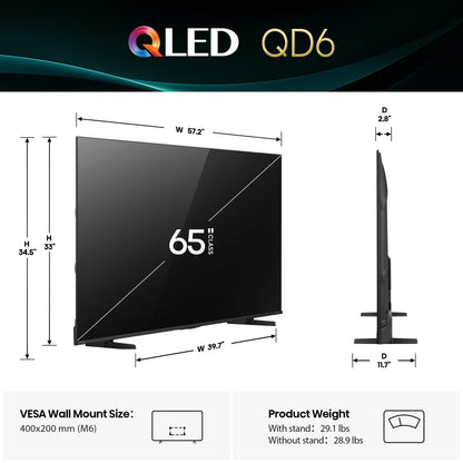 Hisense 65" Class QD6 Series (65QD6QF, 2025 Model) QLED 4K UHD Smart Fire TV, Voice Remote with Alexa, Dolby Vision, Dolby Atmos, Motion Rate 120, HDR 10+, Game Mode Plus, MEMC, VRR, ALLM