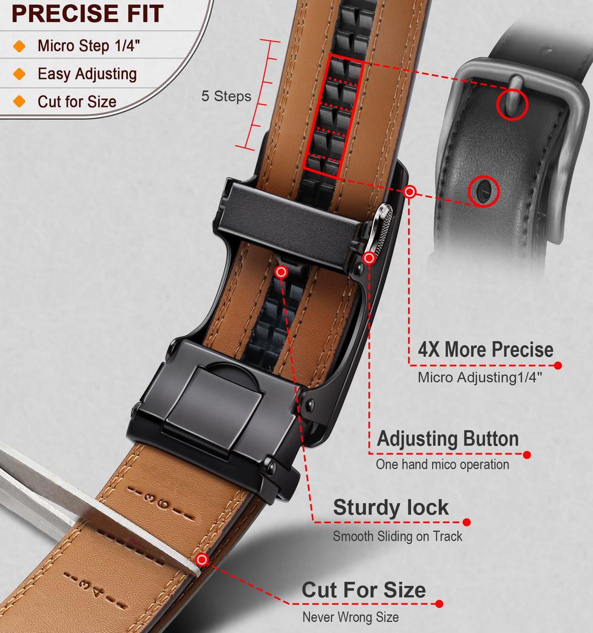 BULLIANT Men's Ratchet Belt 2 Pack-Click Leather Belt Adjustable for Men Gift 1 3/8-Cut for Perfect Fit(Black/Light Brown,32"-38" Waist Adjustable)