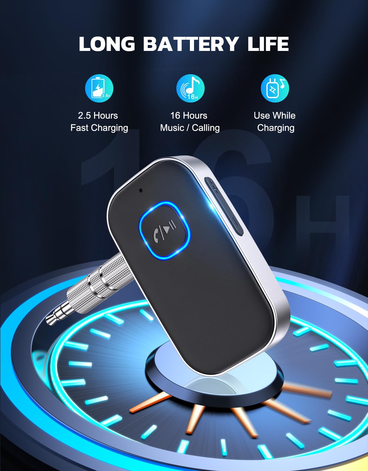 COMSOON Bluetooth Receiver for Car, Noise Cancelling 3.5mm AUX Bluetooth Car Adapter, Wireless Audio Receiver for Home Stereo/Wired Headphones, Hands-Free Call, 16H Battery Life - Black+Silver