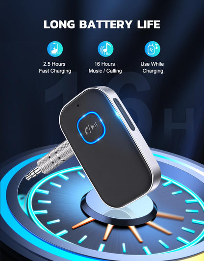 COMSOON Bluetooth Receiver for Car, Noise Cancelling 3.5mm AUX Bluetooth Car Adapter, Wireless Audio Receiver for Home Stereo/Wired Headphones, Hands-Free Call, 16H Battery Life - Black+Silver