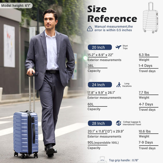 Coolife Luggage Sets, 3 Piece Hard Shell Suitcase Set with Spinner Wheels, Expandable Large Checked Luggage, Lightweight Rolling Carry On with TSA Lock Blue