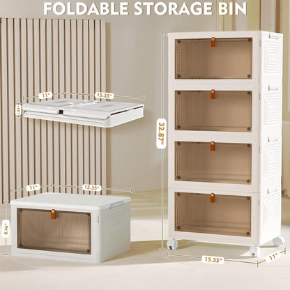 YFXCVSL 4 Tier Plastic Storage Bins with Lid 24QT, Stackable Storage Containers with Wheels, Folding Storage Boxes, Collapsible Storage Bins, Closet Organizers and Storage for Living Room,Office,Dorm