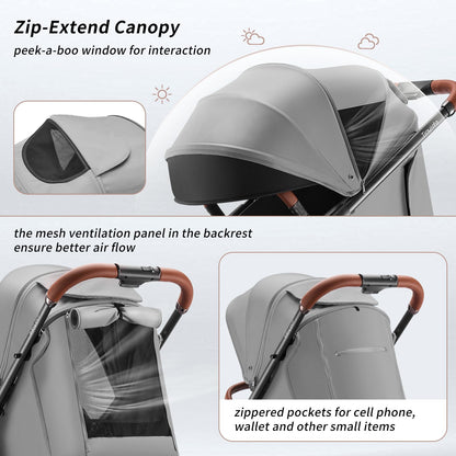 Tinyiota Baby Stroller, Infant Stroller with Large UPF 50+ Canopy,Luxury Pram Strollers with Leather Handle & Spacious Seat, One-Hand Foldable Pushchair, Toddler Carriage with Lie-Flat Mode(Gray)