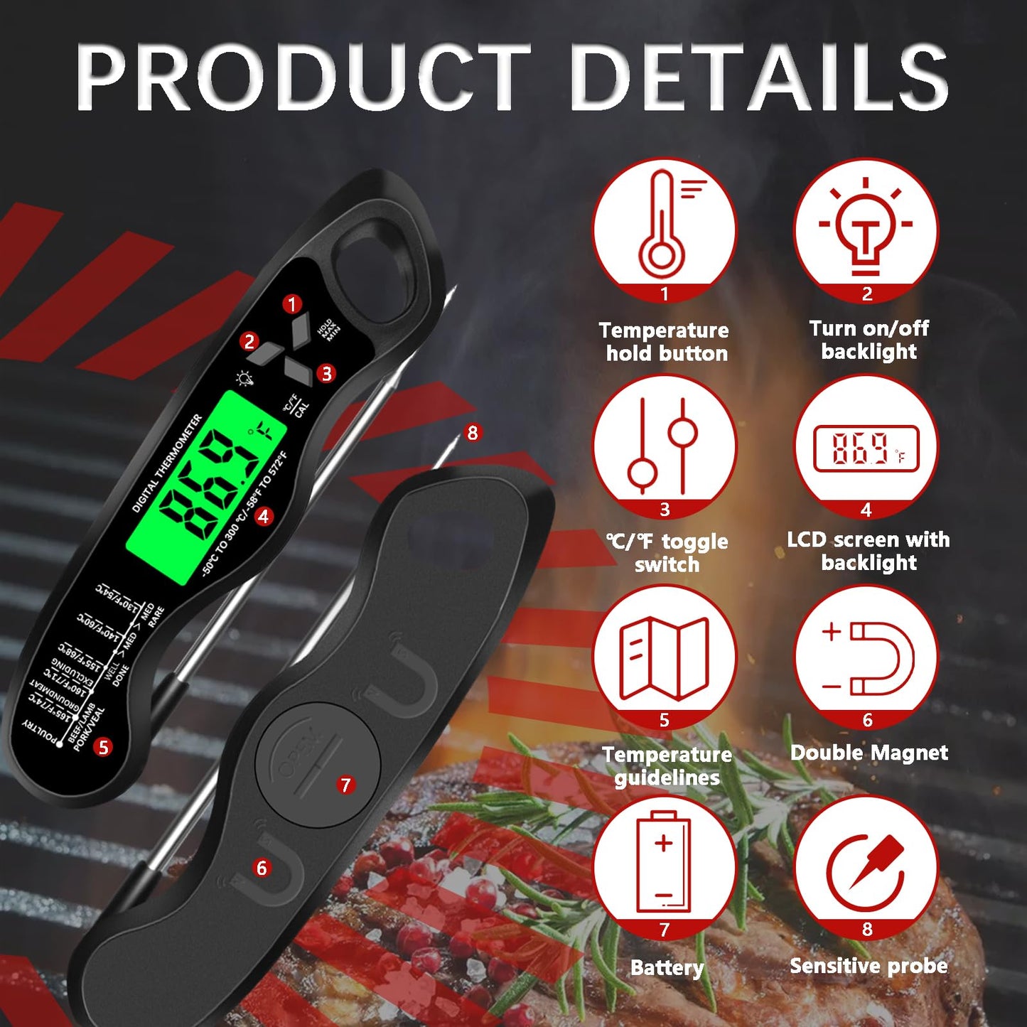 Meat Thermometer Digital，IP67 Waterproof Cooking Thermometer with Backlight, Calibration & Hold Function，Food Thermometer for Cooking,Outdoor Grilling，Suitable as Stocking Stuffers for Men