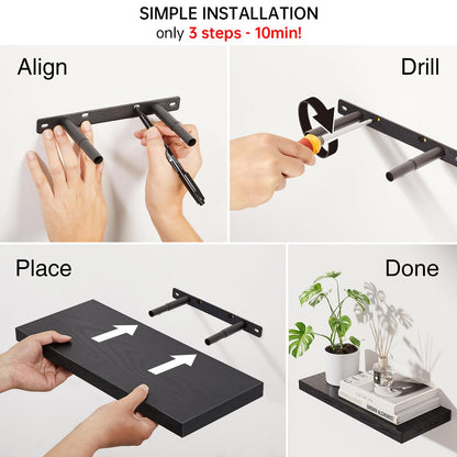 BAYKA Floating Shelves for Wall, Wall Mounted Rustic Wood Shelves for Bathroom, Bedroom, Living Room, Kitchen, Hanging Shelf for Books/Storage/Room Decor with 22lbs Capacity (Black, Set of 3, 15.7in)