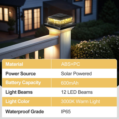 Solar Post Cap Light 8 Packs, Waterproof Solar Powered Fence Light, 4x4 IP65 Black Outdoor Post Solar Lights for Deck Garden & Patio Lights for 3.5x3.5,4x4,5x5 Wood & Vinyl Posts Warm White Lighting
