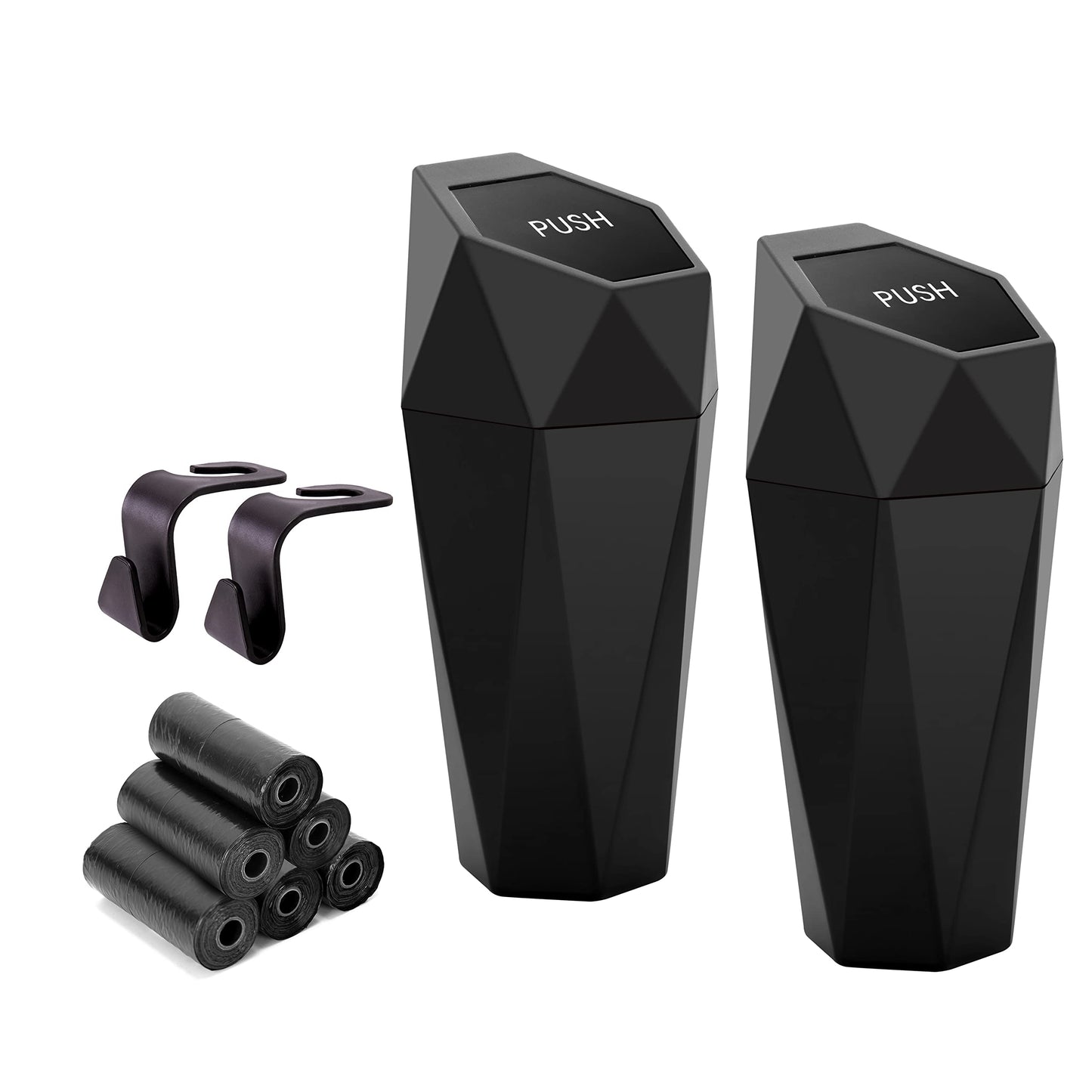 Ginsco Car Trash Can Cup Holder, 2 Pack Mini Trash Can with Lid, Car Accessories for Interior, Leakproof Small Trash Cup for Home with Additional 2 ABS Hooks and 90pcs Trash Bags Black