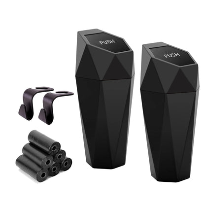 Ginsco Car Trash Can Cup Holder, 2 Pack Mini Trash Can with Lid, Car Accessories for Interior, Leakproof Small Trash Cup for Home with Additional 2 ABS Hooks and 90pcs Trash Bags Black