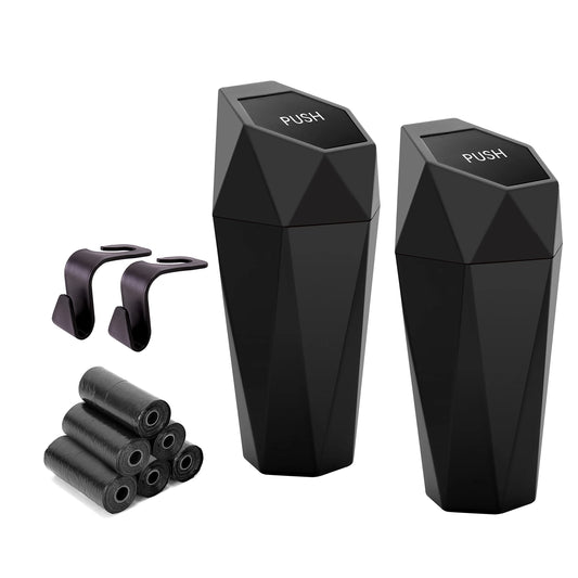 Ginsco Car Trash Can Cup Holder, 2 Pack Mini Trash Can with Lid, Car Accessories for Interior, Leakproof Small Trash Cup for Home with Additional 2 ABS Hooks and 90pcs Trash Bags Black