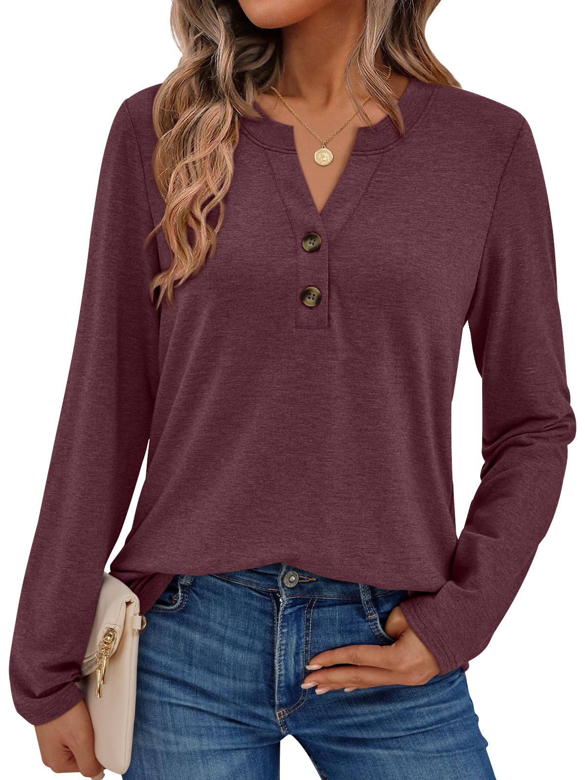 AUTOMET Long Sleeve Shirts for Women Blouses 2025 Fall Clothes Plus Size Dressy Casual Tops Henley Cute T Shirts Business Winter Clothing Spring Fashion Outfits Wine L